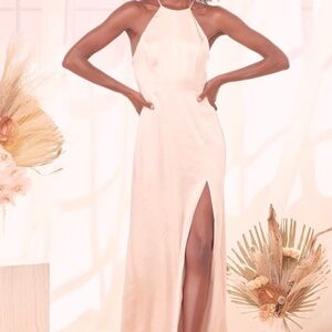 Lulu’s Make it Elegant Champagne Satin Strappy Maxi Dress Size: L Wedding Guest